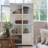 Antik krém vitrines szekrény teljes nézete nyitott ajtóval, polcos kialakítással