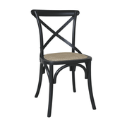 Old French fekete kaucsukfa étkezőszék – Elölnézetből, jól látható az X alakú háttámla és a natúr fonott ülőfelület.