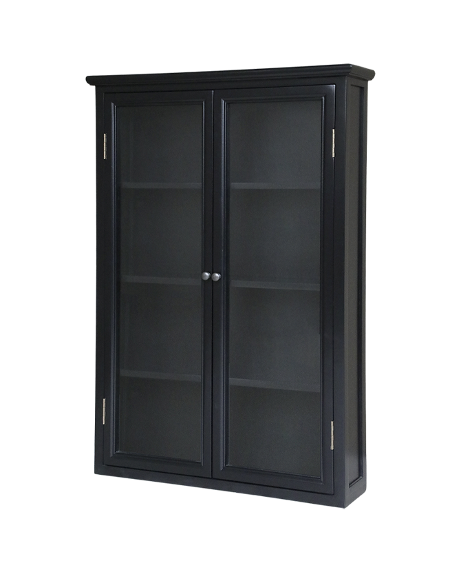 Old French fekete vitrines faliszekrény üvegezett dupla ajtóval, 4 belső polccal, 120 cm magas méretben.