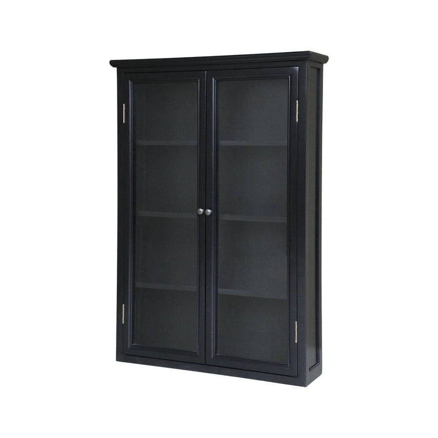 Old French fekete vitrines faliszekrény üvegezett dupla ajtóval, 4 belső polccal, 120 cm magas méretben.