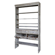 Old French rusztikus tálalószekrény natúr fenyőfából, 6 polccal és 3 fiókkal, kézműves kivitelben.