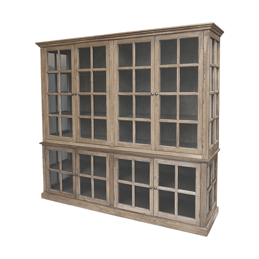 Natúr színű, 8 ajtós vitrines szekrény.