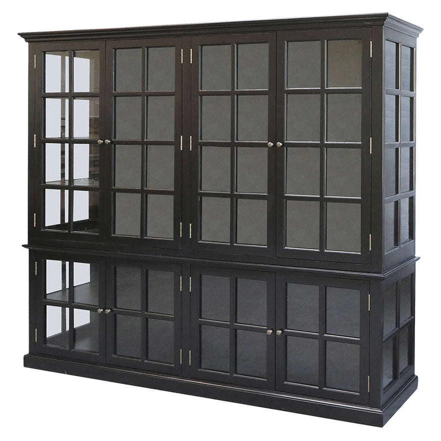 Fekete színű, 8 ajtós vitrines szekrény,