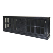 Old French óriás méretű fekete vitrines komódszekrény 220 cm szélességgel, üvegezett ajtókkal és fiókokkal.