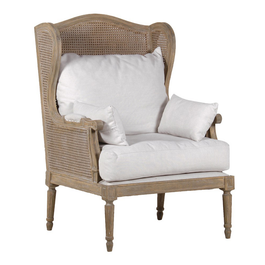 Old French tölgyfa bergère fotel rattan betétekkel és bézs párnákkal, koloniál stílusban.