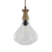 Old French üveg függeszték lámpa, átlátszó üvegbúrával és mangófa foglalattal, 21x31 cm.