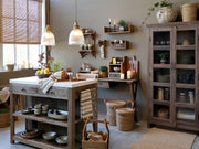 Old French üveg függeszték lámpa rusztikus konyhai enteriőrben, étkezőasztal felett.