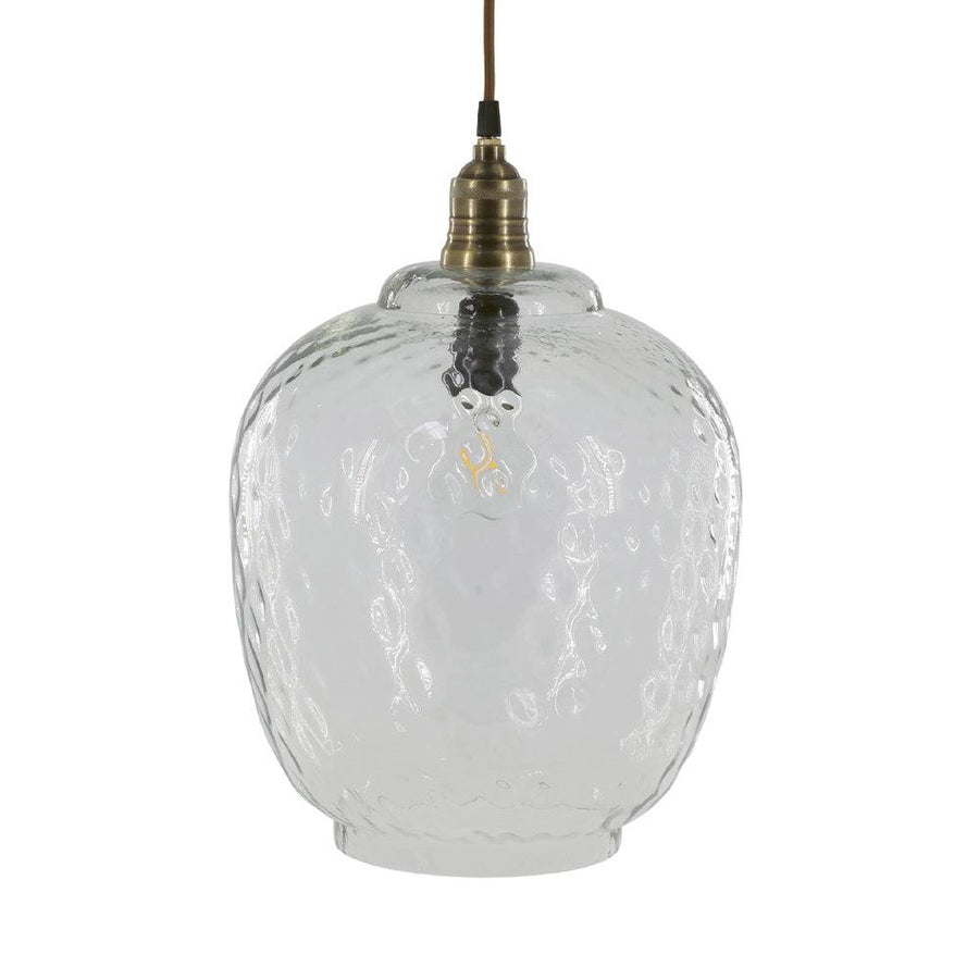 Átlátszó üveg függeszték lámpa domború felületű búrával és réz foglalattal, Old French kollekció, Chic Antique.