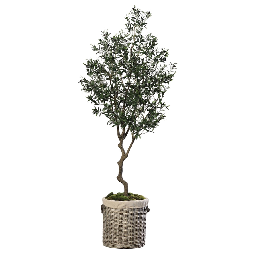 220 cm magas, élethű mű olajfa fekete kaspóban, dús lombkoronával.