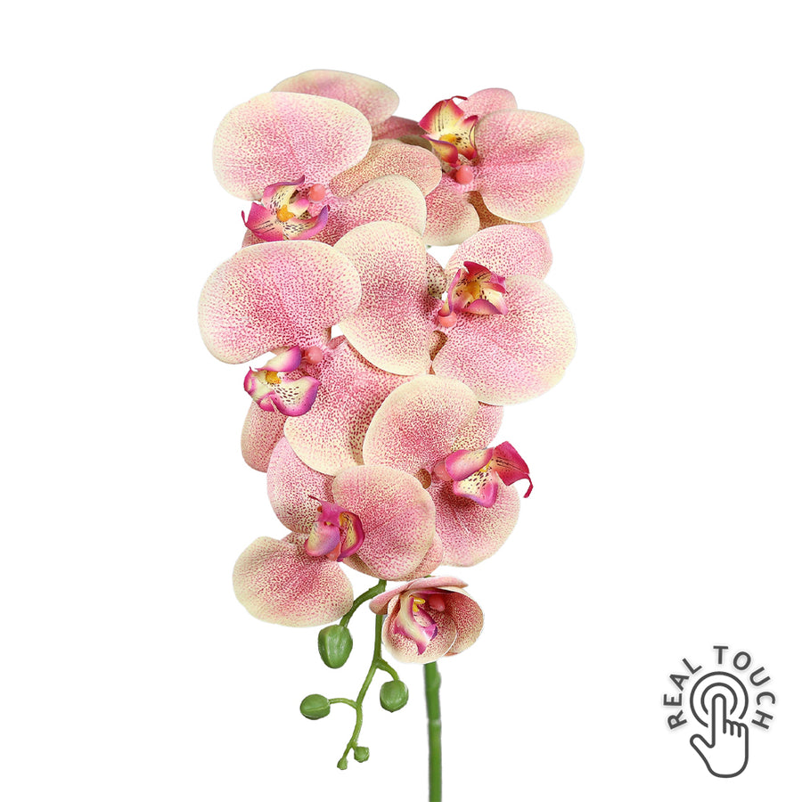 Barackszínű mű orchidea szál, Real Touch hatással, 96 cm magas.