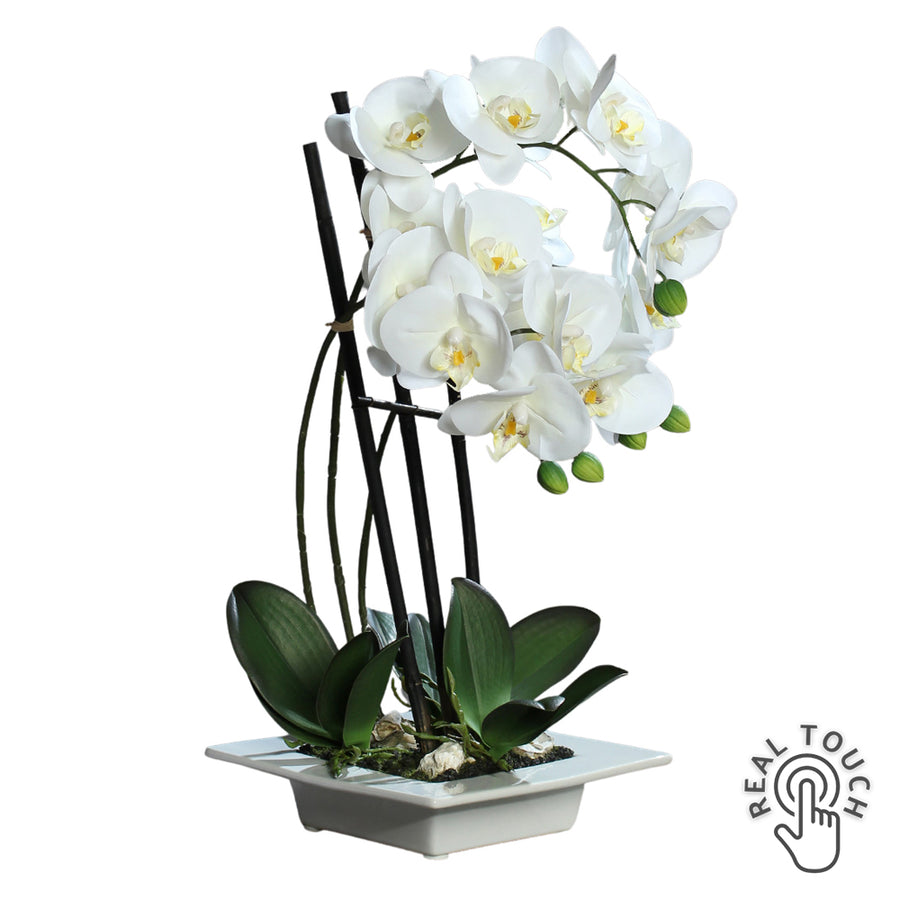 Fehér Real Touch mű orchidea 46 cm szürke kerámia kaspóban