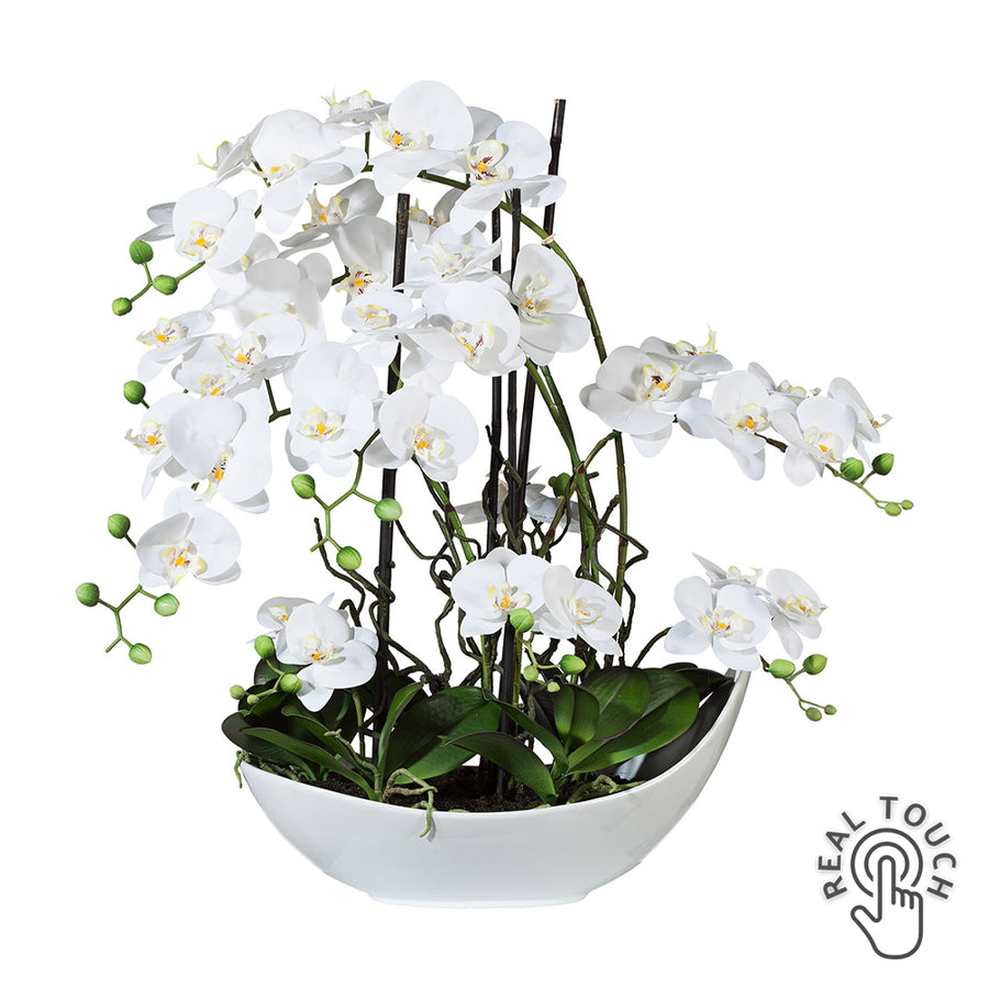 Fehér Real Touch mű orchidea kompozíció fehér kerámia tálban, 68 cm