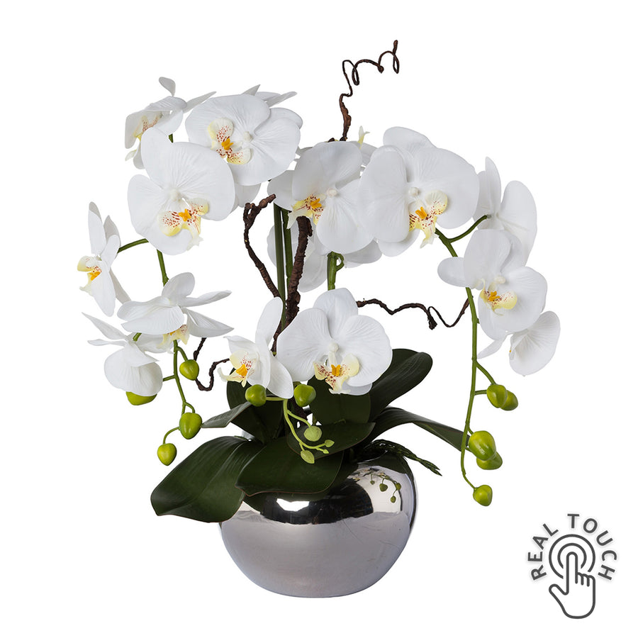Fehér színű, mű orchidea, ezüstszínű kerámia kaspóban.