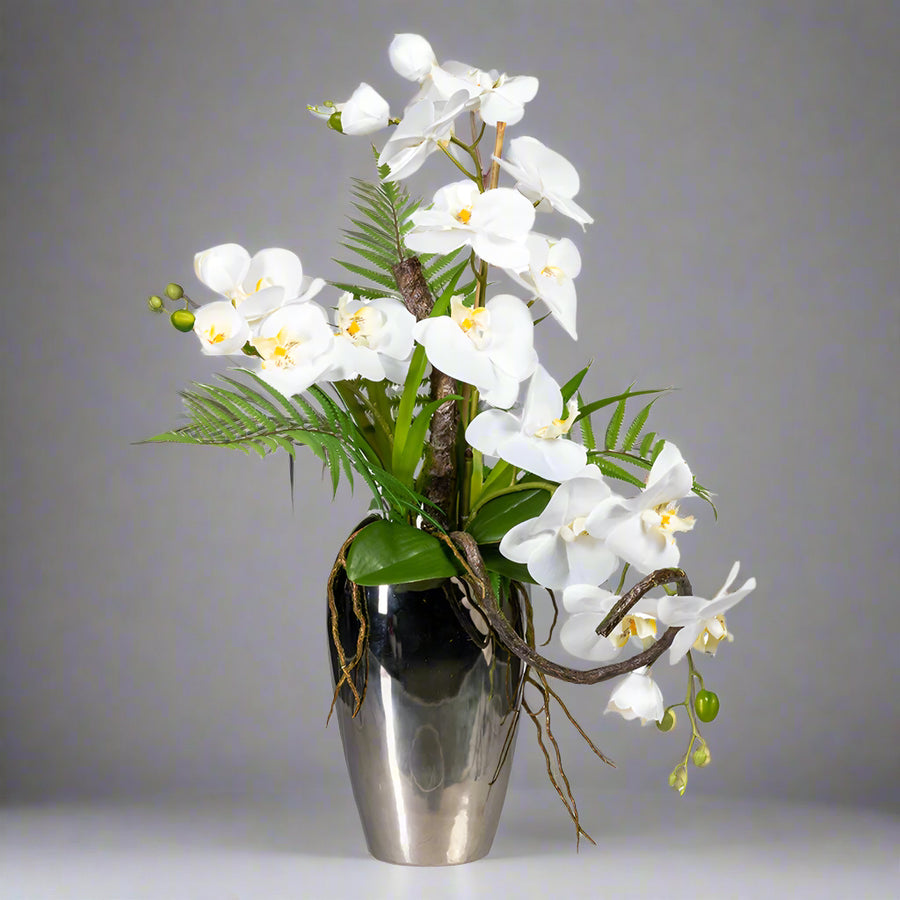 ORCHID 70 cm magas fehér mű orchidea kompozíció modern dekorációhoz.