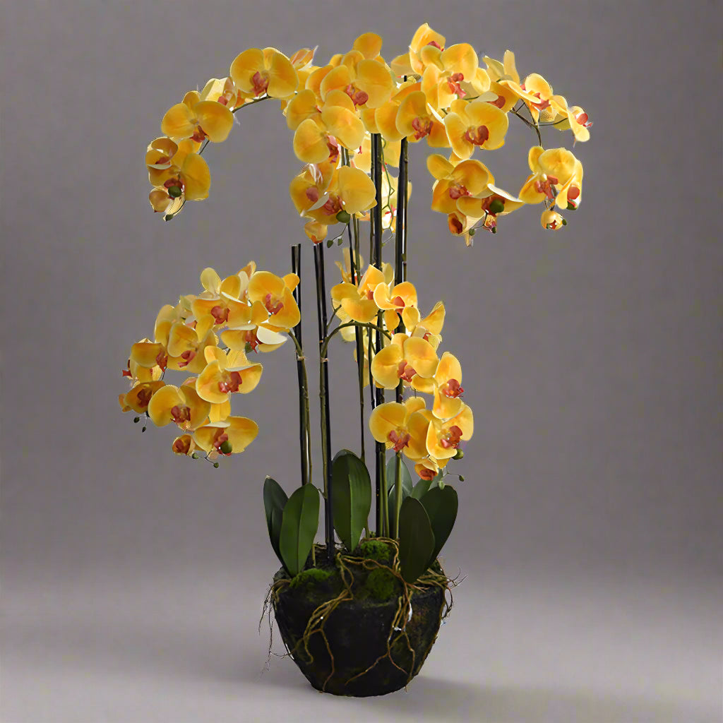 Látványos 116 cm-es sárga orchidea műnövény belső terekbe