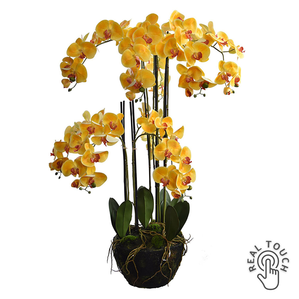 Real Touch sárga mű orchidea 116 cm magas, földlabdás talapzaton
