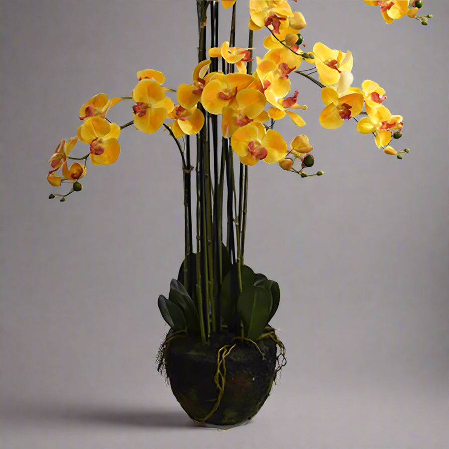 Dekoratív földlabdás sárga mű orchidea, Real Touch szirmokkal