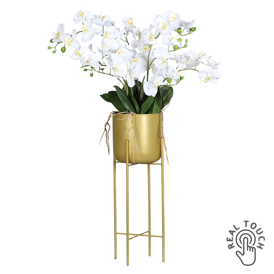 Krémszínű, 100 cm magas Real Touch mű orchidea aranyszínű állványos kaspóban.