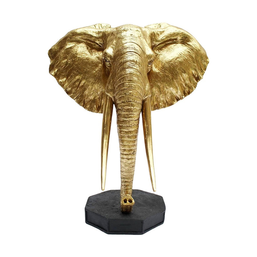 Aranyszínű elefánt figura, fekete talapzaton..