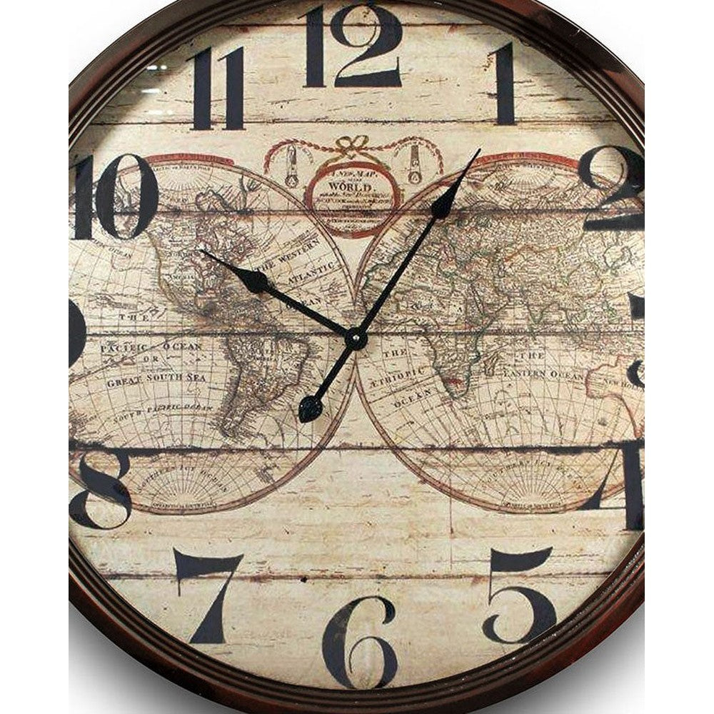 Vasabronccsal keretezett, vintage stílusú falióra világtérképes számlappal.