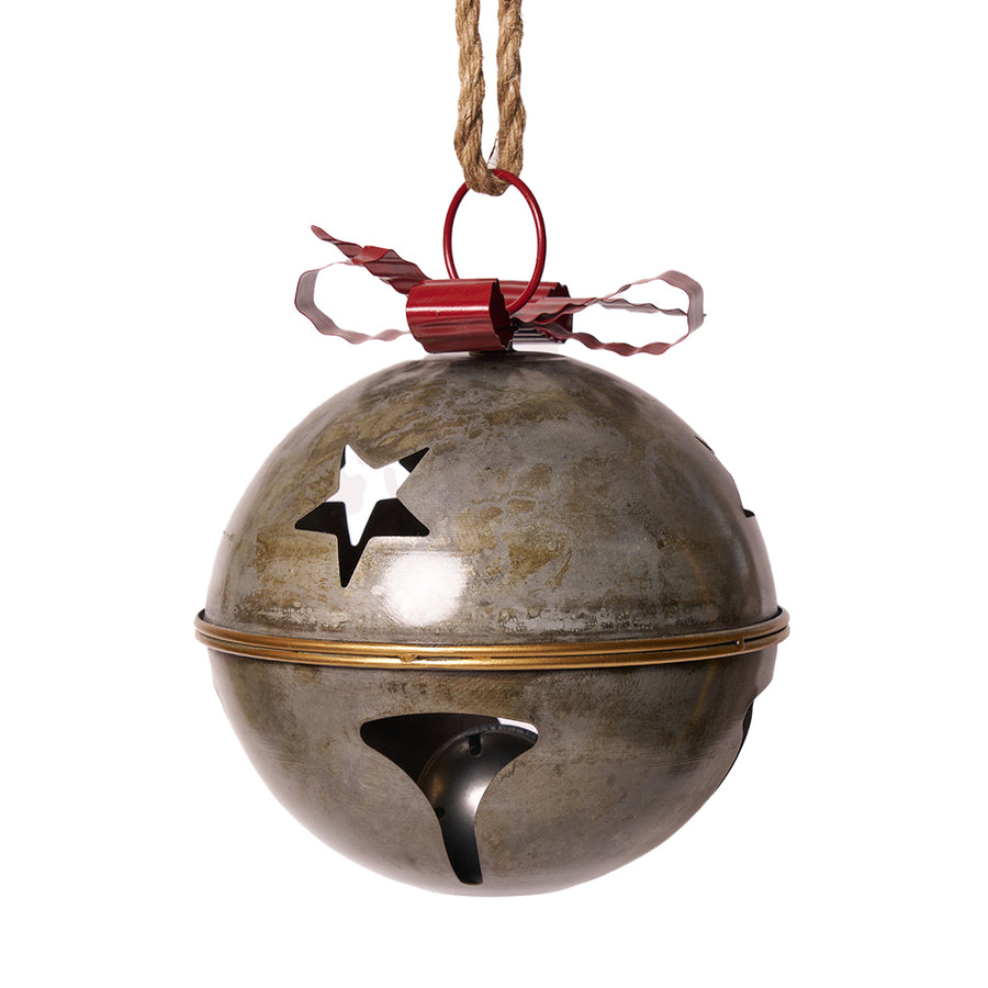 Piros színű fém masnival díszített karácsonyi kézműves bádogcsengő.