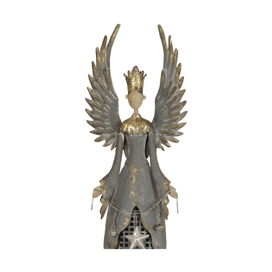 Koronát viselő fém angyal figura csillaggal a kezében.