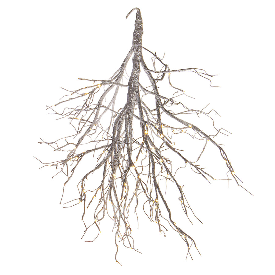 Fényforrással kialakított, havas felületű, karácsonyi dekorációs faág..