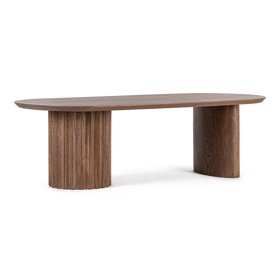 Mangófából készült, barna színű, formatervezett dizájn dohányzóasztal.