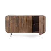 Mangófából készült, 3 ajtós, barna színű desing tálalószekrény.