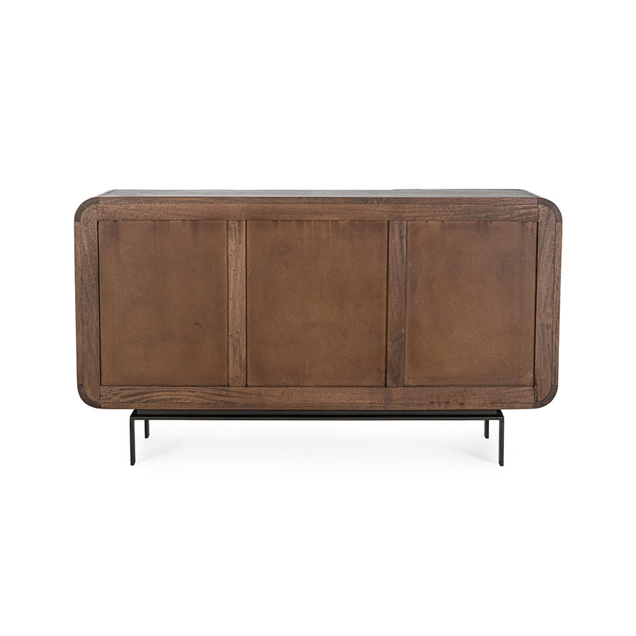 Mangófából készült, 3 ajtós, barna színű desing tálalószekrény.