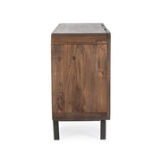 Mangófából készült, 3 ajtós, barna színű desing tálalószekrény.