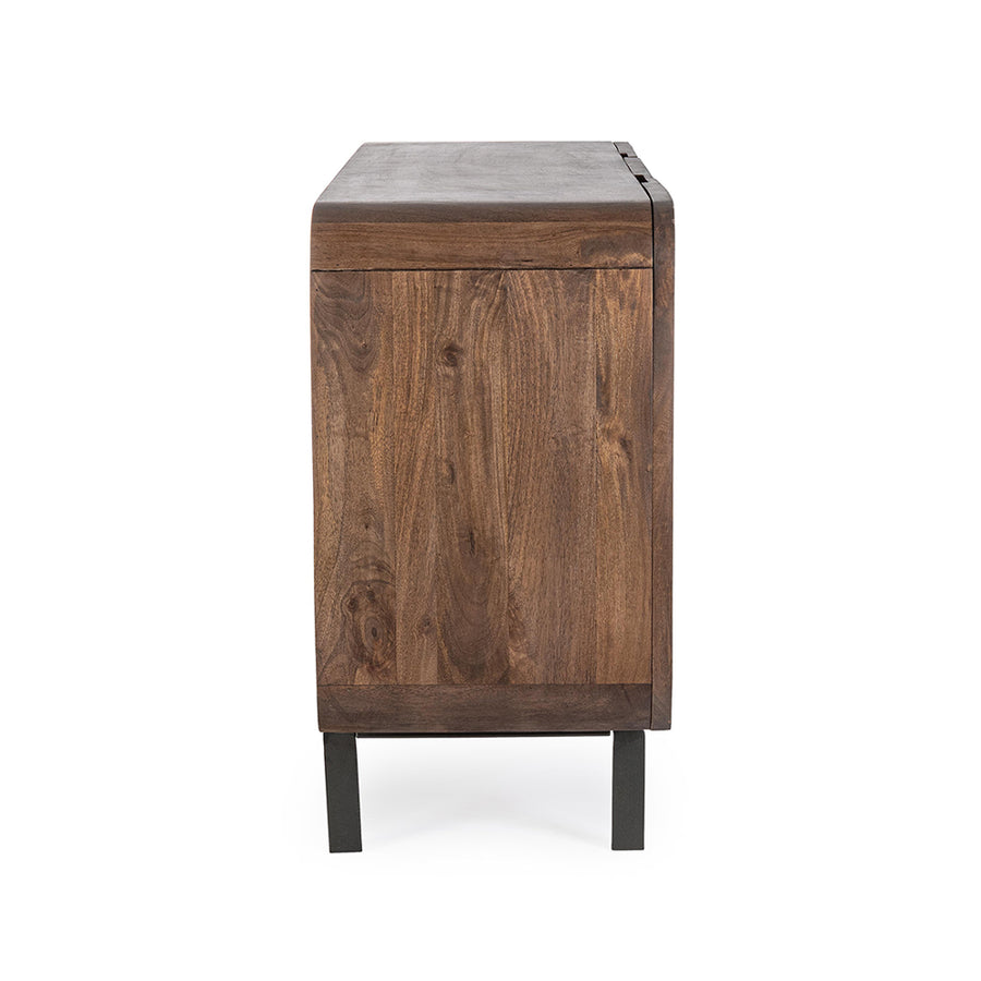 Mangófából készült, 3 ajtós, barna színű desing tálalószekrény.