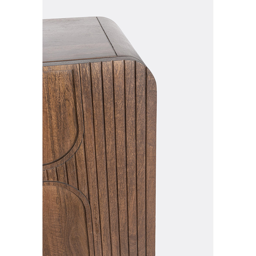 Mangófából készült, 3 ajtós, barna színű desing tálalószekrény.