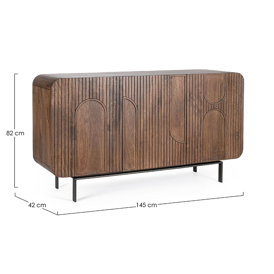 Mangófából készült, 3 ajtós, barna színű desing tálalószekrény.