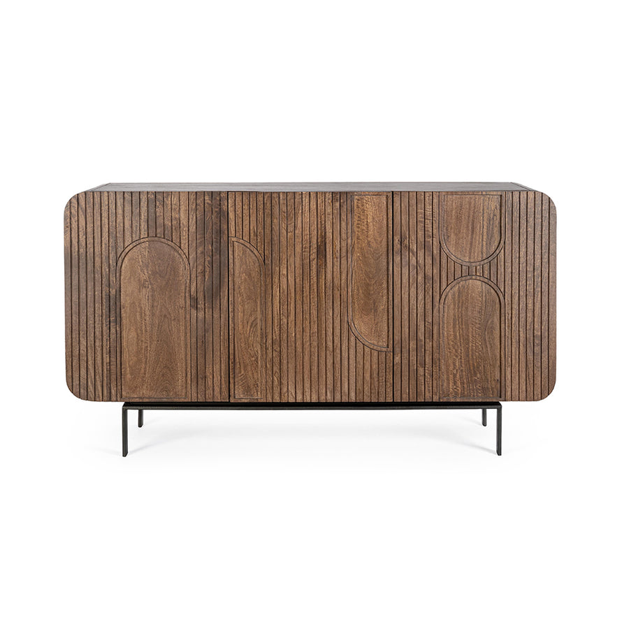 Mangófából készült, 3 ajtós, barna színű desing tálalószekrény.