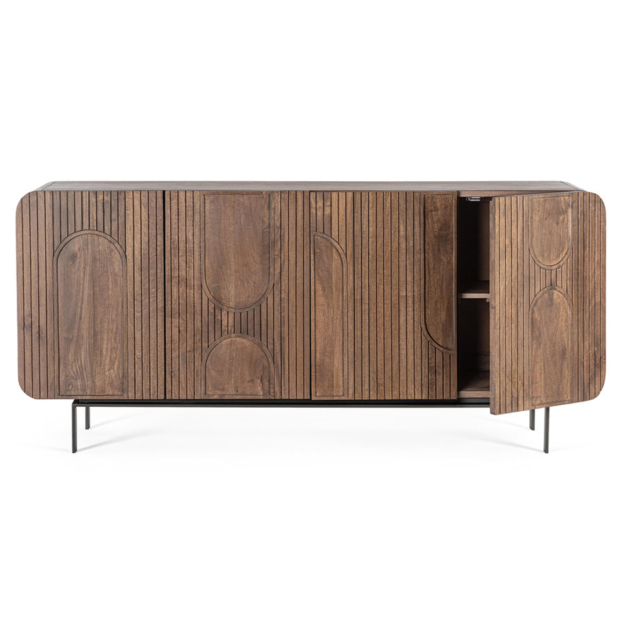 Mangófából készült, 4 ajtós, barna színű desing tálalószekrény.