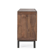 Mangófából készült, 4 ajtós, barna színű desing tálalószekrény.