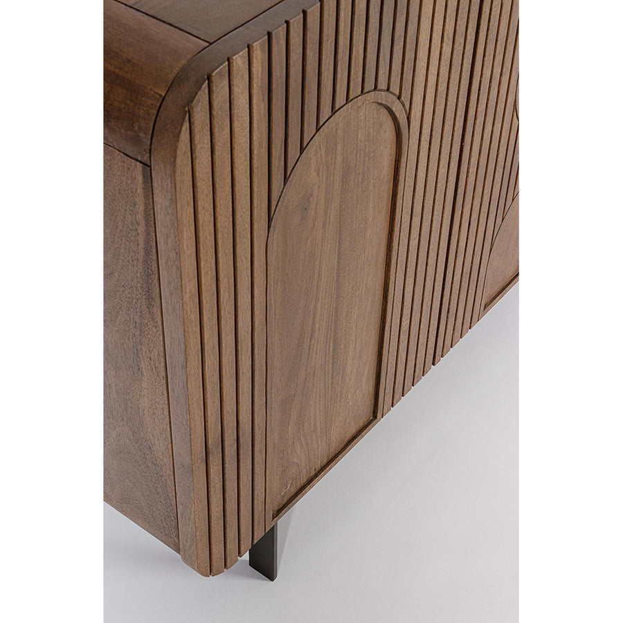 Mangófából készült, 4 ajtós, barna színű desing tálalószekrény.