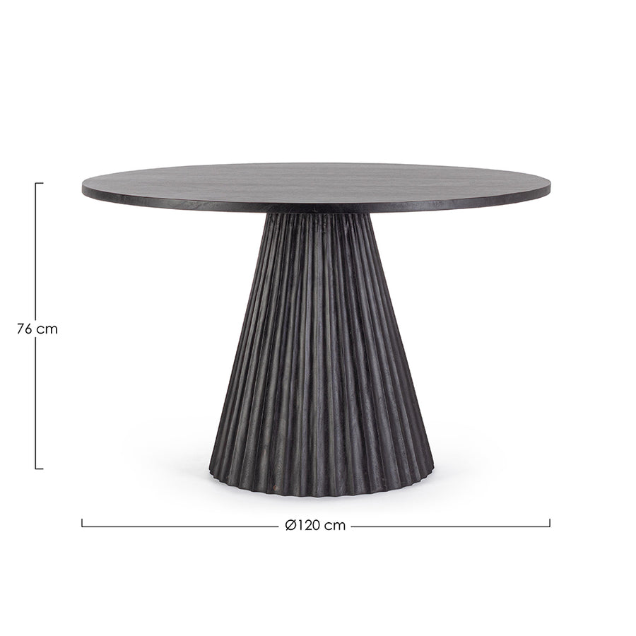 Mangófából készült, fekete színű, kerek formájú dizájn étkezőasztal.