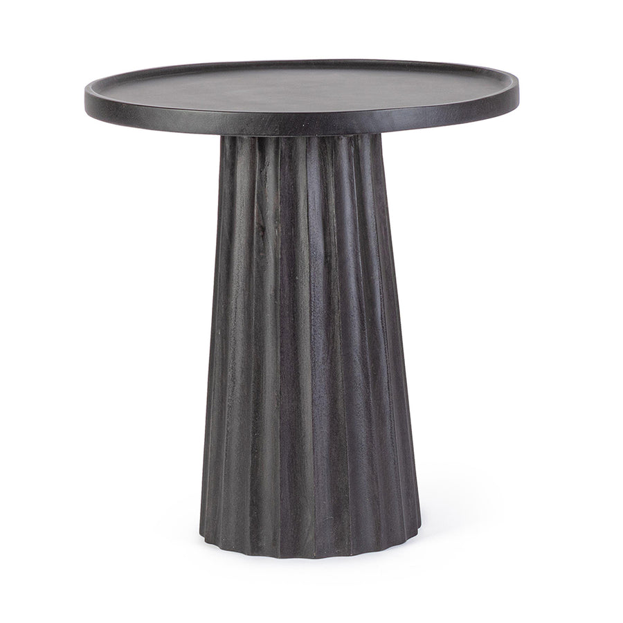 Mangófából készült, fekete színű, kerek formájú dizájn kisasztalasztal.