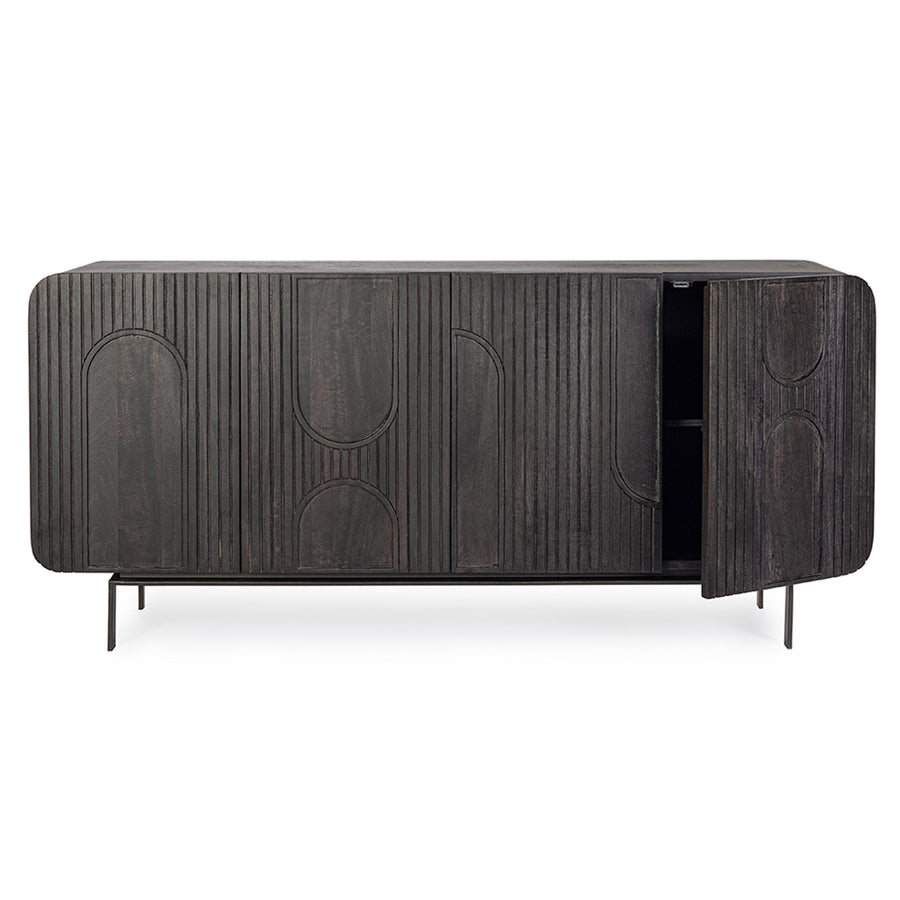 Mangófából készült, 4 ajtós, fekete színű desing tálalószekrény.