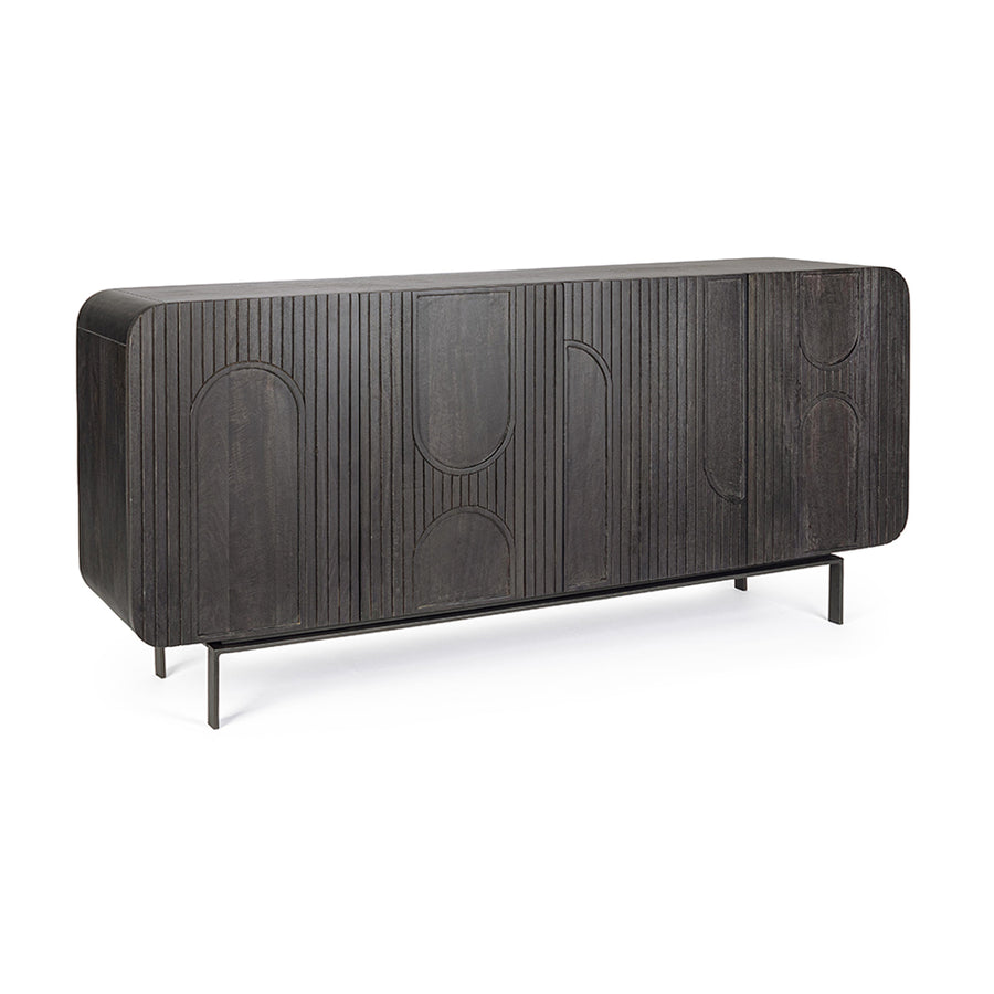 Mangófából készült, 4 ajtós, fekete színű desing tálalószekrény.