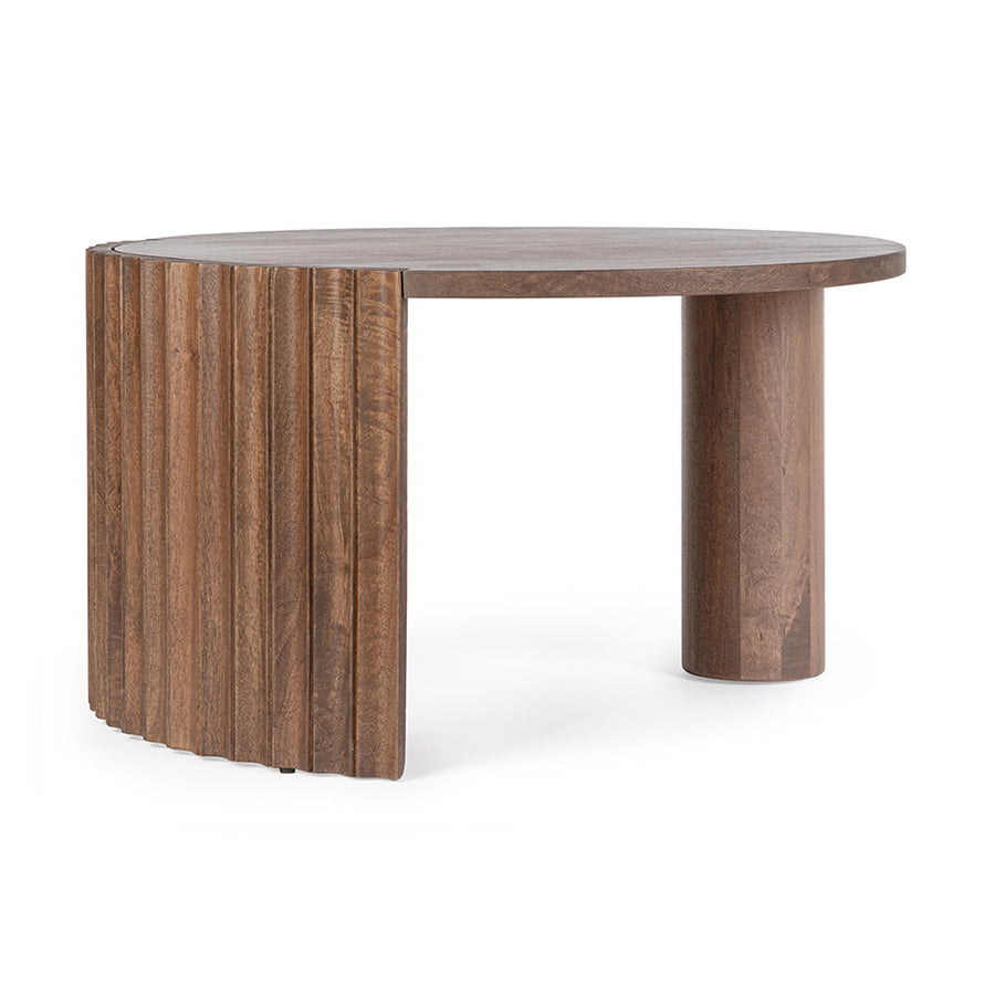 Mangófából készült, barna színű, formatervezett dizájn dohányzóasztal.