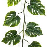 A Philodendron mű filodendron girland szeldelt zöld levelei közelről, világosabb erezettel és váltakozó levélállással a vékony száron.