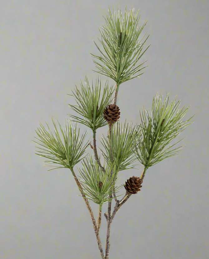 Tobozokkal díszített zöld színű, mű feketefenyő ág .