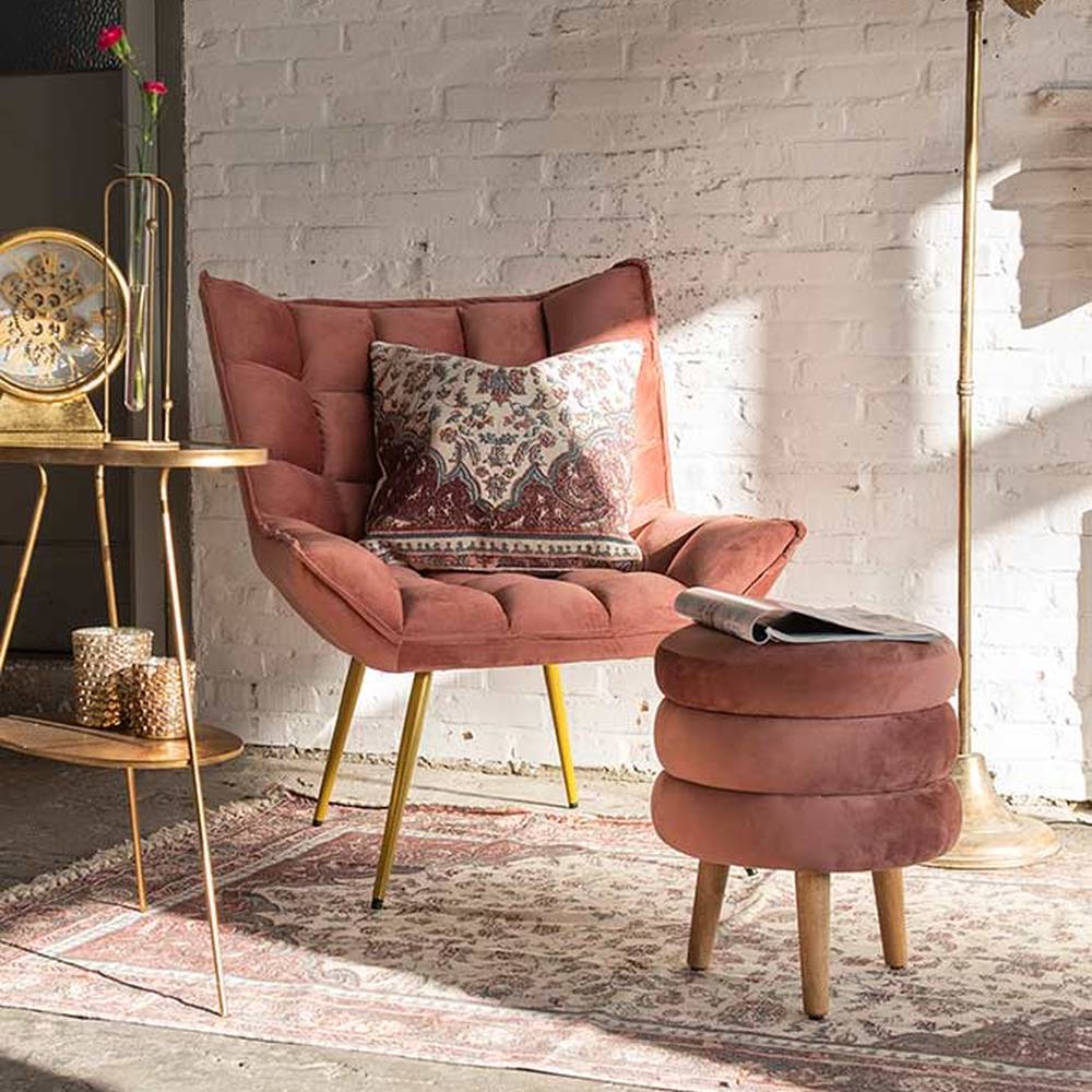 pink színű bársonyszövettel kárpitozott, dizájn fotel