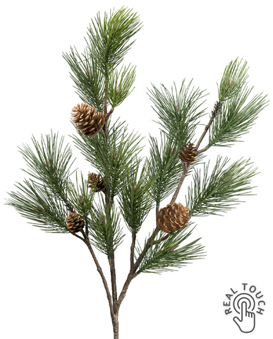 Tobozokkal díszített zöld színű, mű feketefenyő ág.