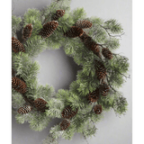 Deres felületű, tobozokkal díszített, mű feketefenyő koszorú.