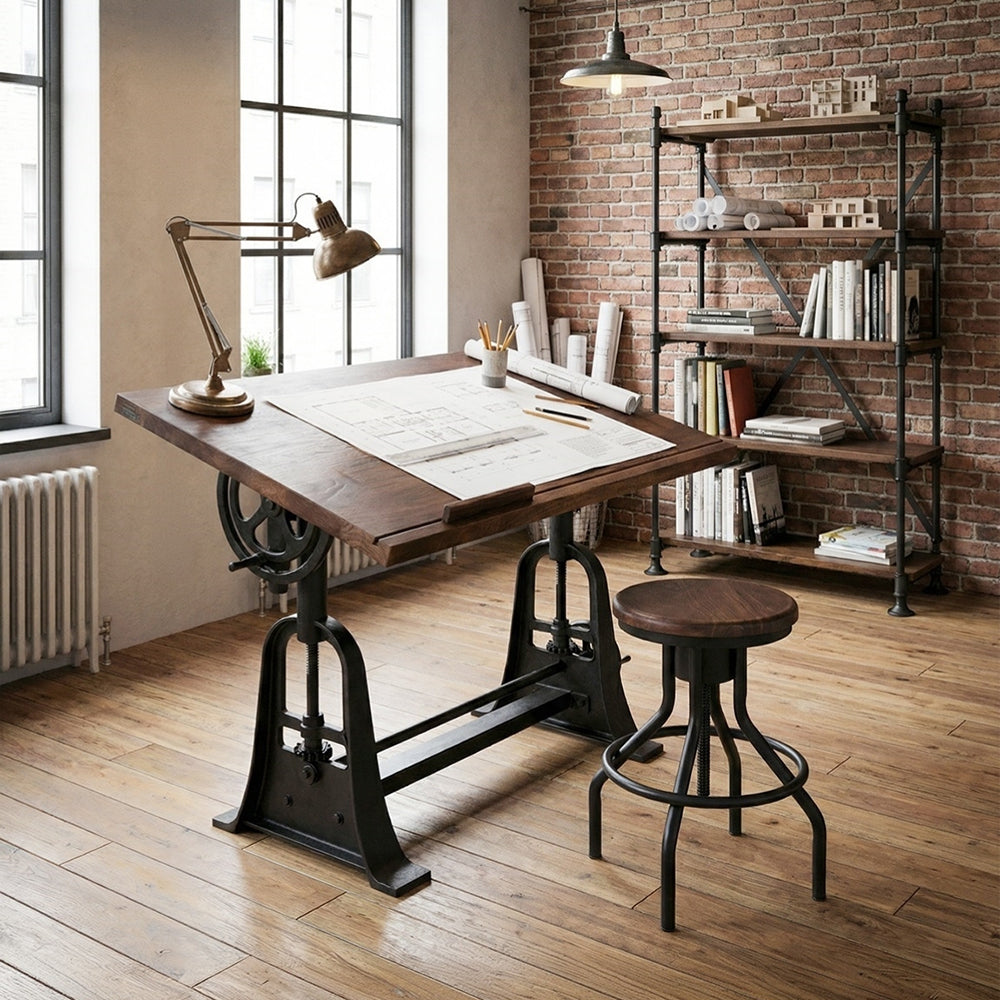 Loft stílusú állítható rajzasztal mangófából és fémből enteriőrben, ipari hangulattal