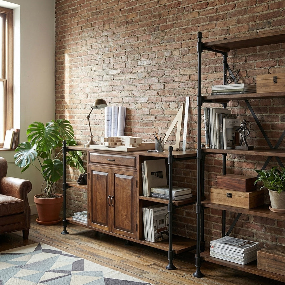 PIPA mangófa tálaló loft enteriőrben polcos állvánnyal kombinálva